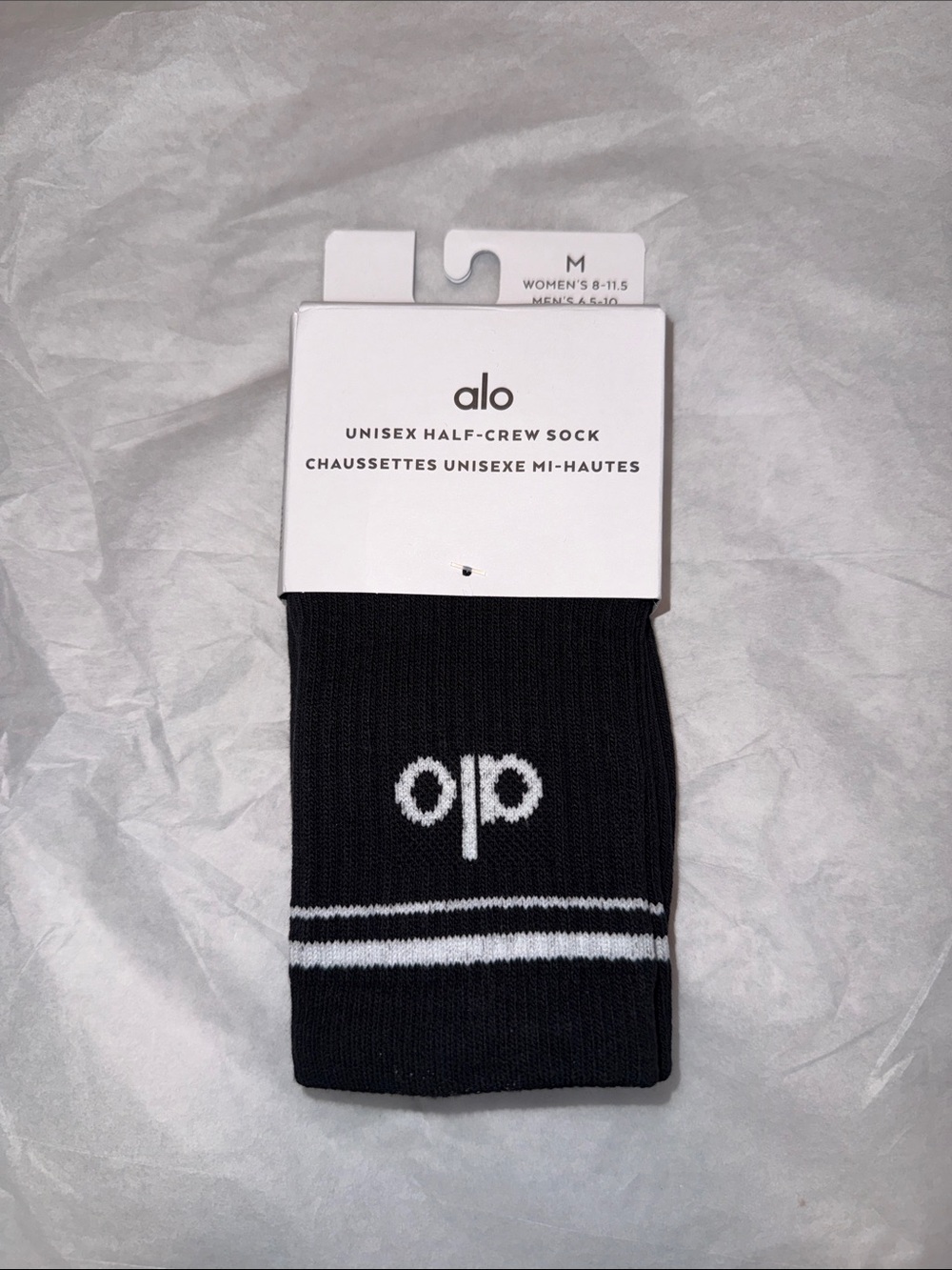 ALO Yoga Black Half-Crew Athletic Sock with White Stripes